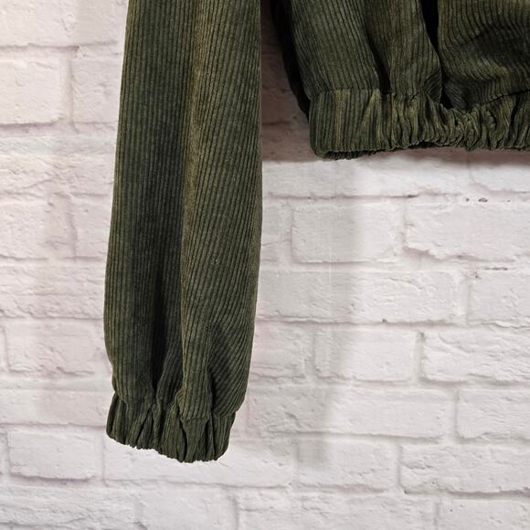 M Shein Dark Olive Green Statement Collar Corduroy Crop Top Size S Long Sleeve - Picture 4 of 9